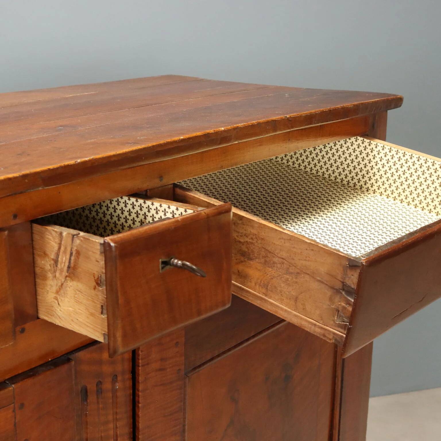 Ancient baroque walnut buffet with 3 drawers, France, 19th century