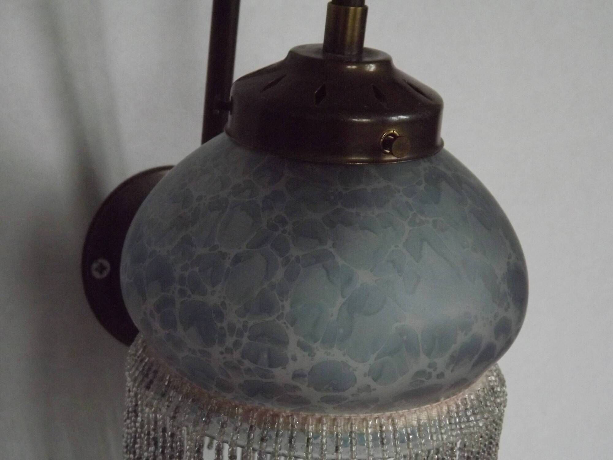Pair French Vintage Mottled Glass Single Wall Lights Beaded Fringed Shade