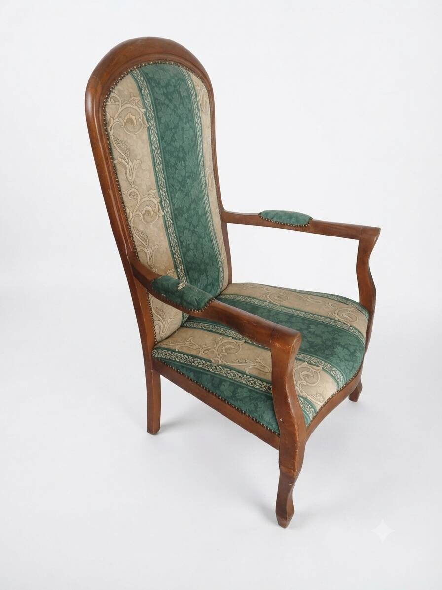 Vintage Voltaire Armchair Green and Beige with Floral Patterns