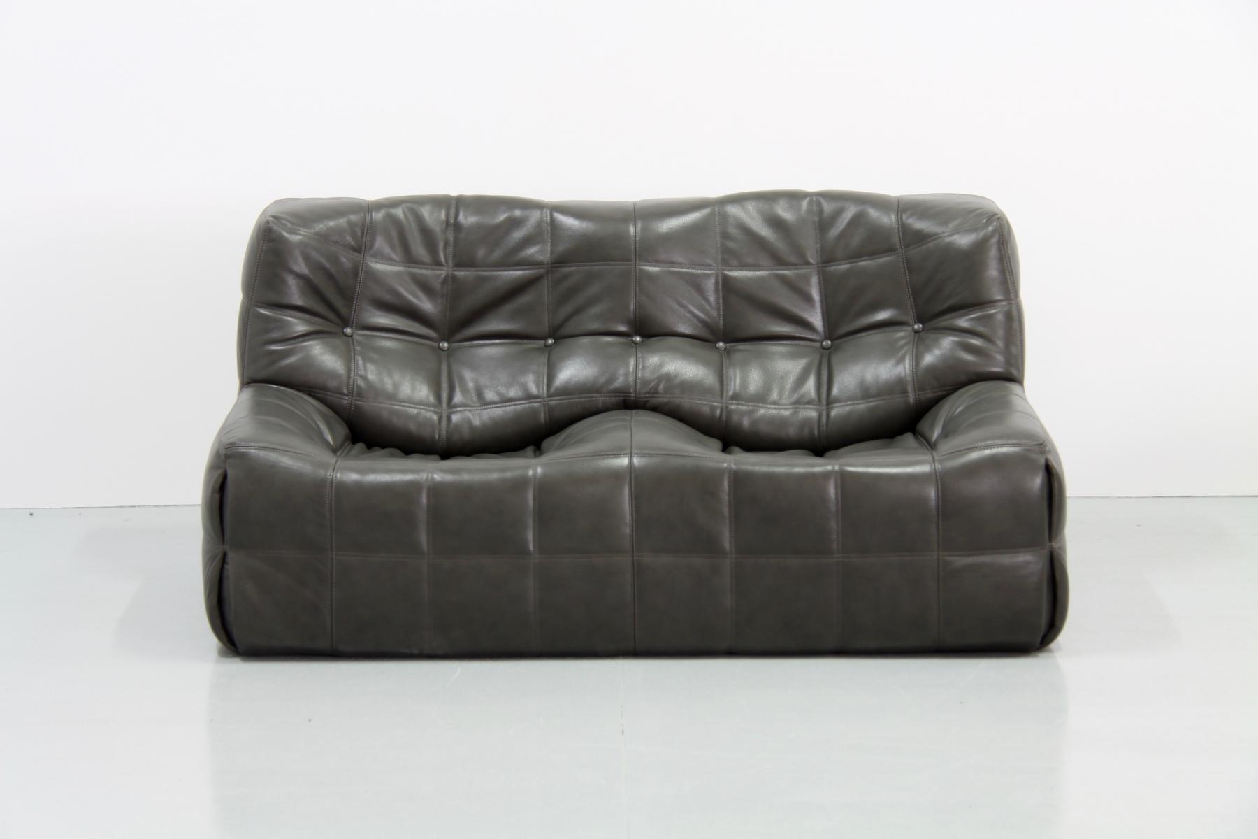 Living room sets vintage dark olive leather kashima by Michel Ducaroy for Ligne Roset