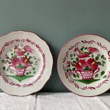 Set of 2 plates XIXth Les Islettes, rooster decoration and flowery basket