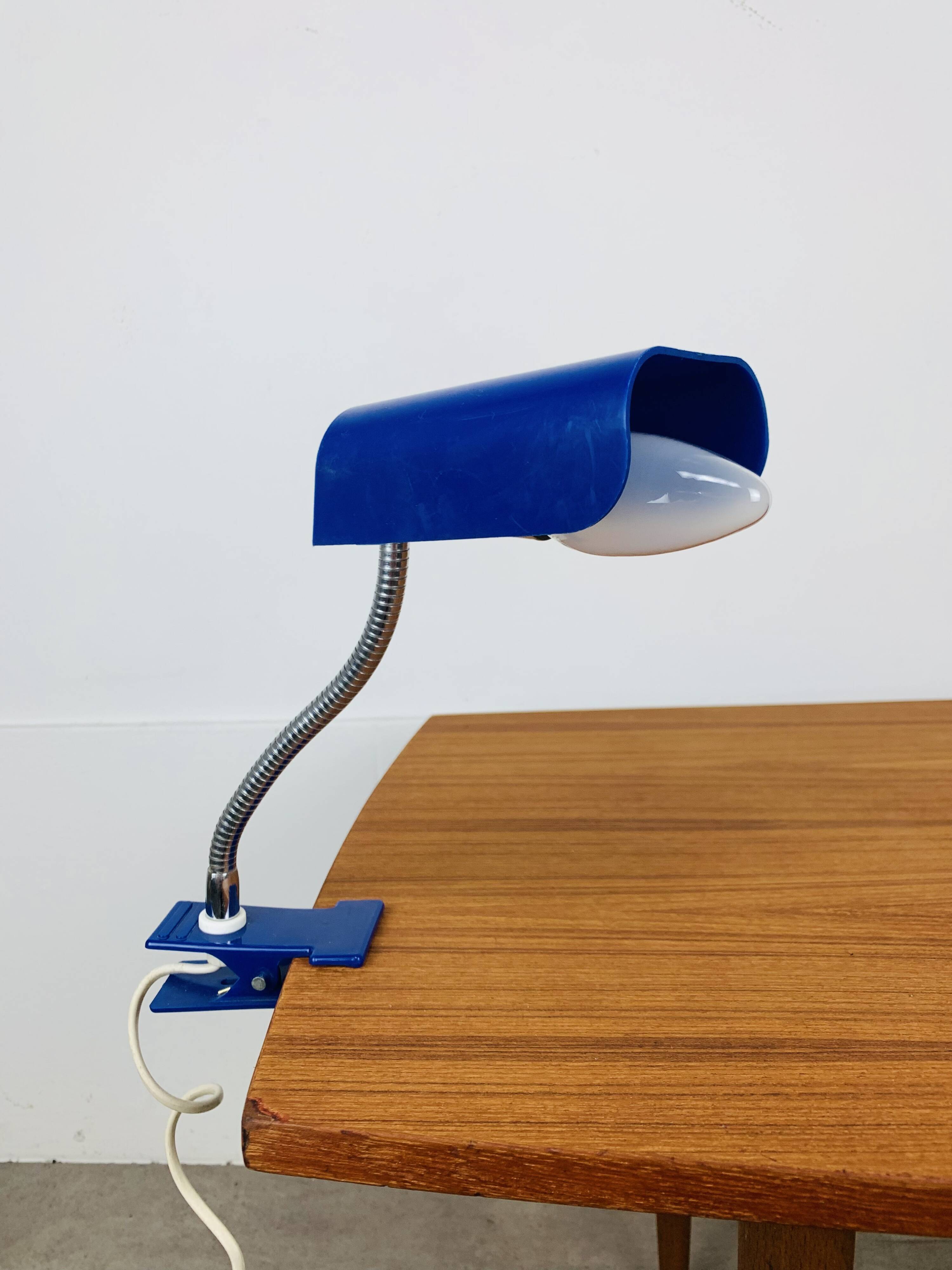 Blue adjustable clamp lamp, chrome flexible, 800s, vintage