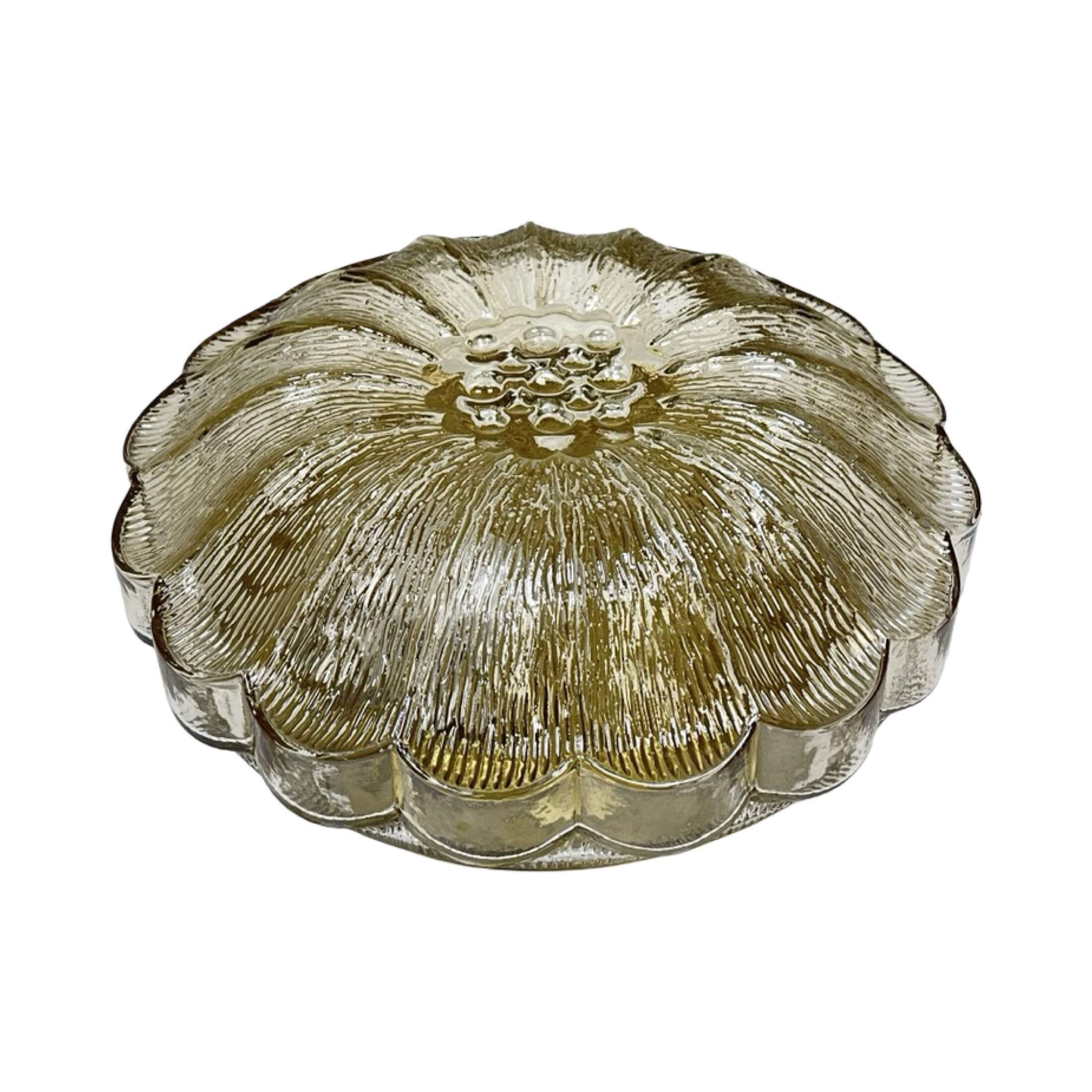 HP Leuchten Amber Flower Ceiling Lamp Pressed Glass Mid-Century Model 65282
