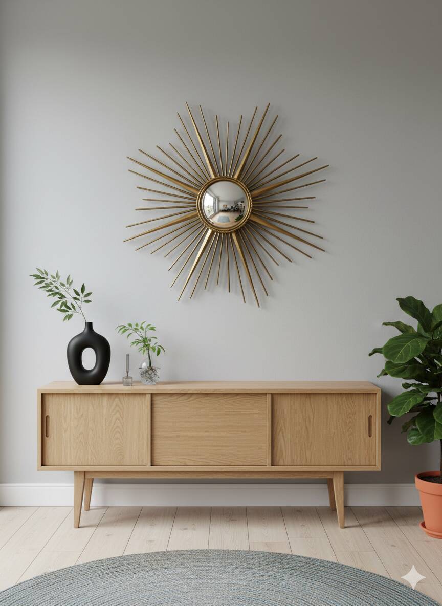 Golden metal witch's eye sun mirror from the 70s, 86cm.