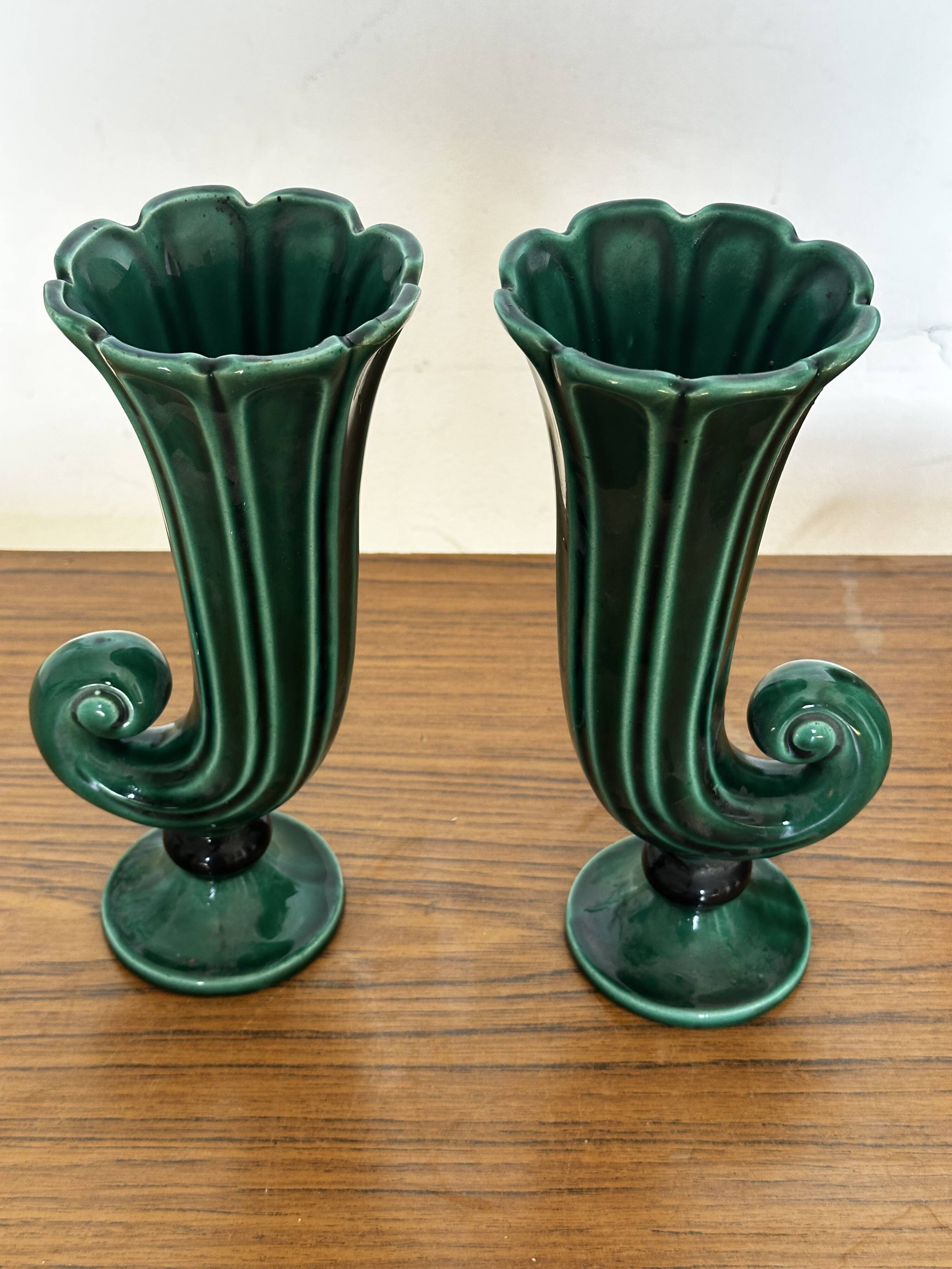 Pair of Art Deco vases circa 1920 - green glazed ceramic