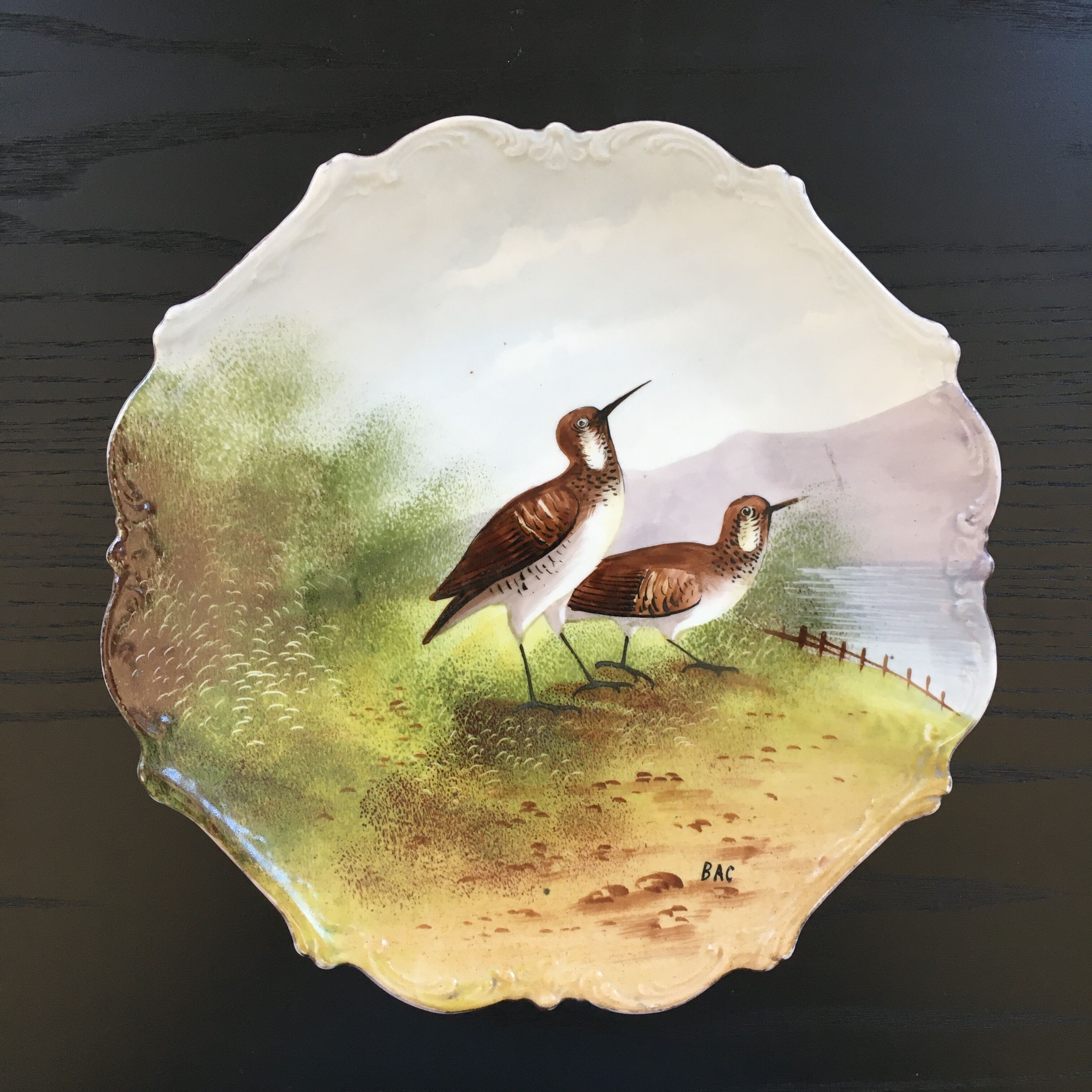 Dish painted woodcocks decoration