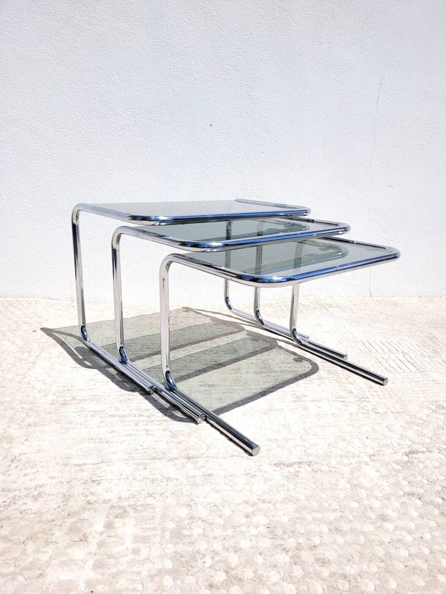 Vintage nesting coffee tables in chrome and smoked glass