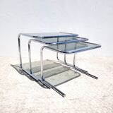 Vintage nesting coffee tables in chrome and smoked glass