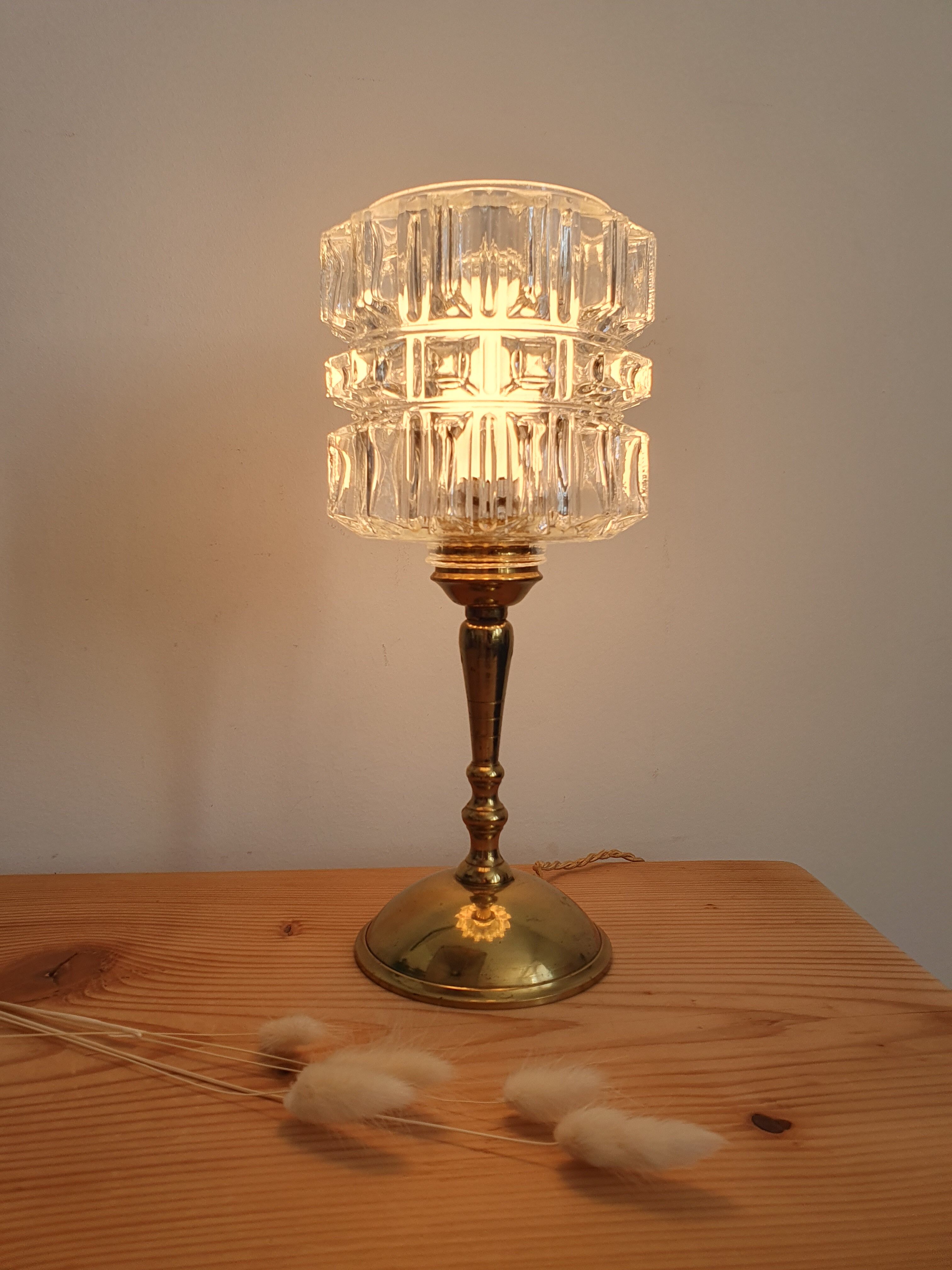 Vintage table lamp, brass foot and glass globe