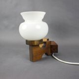 Czechoslovak wall lamp from the 1960s with Valasske Mezirici glass and a wooden base.