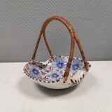 Beautiful small painted ceramic basket with woven handle