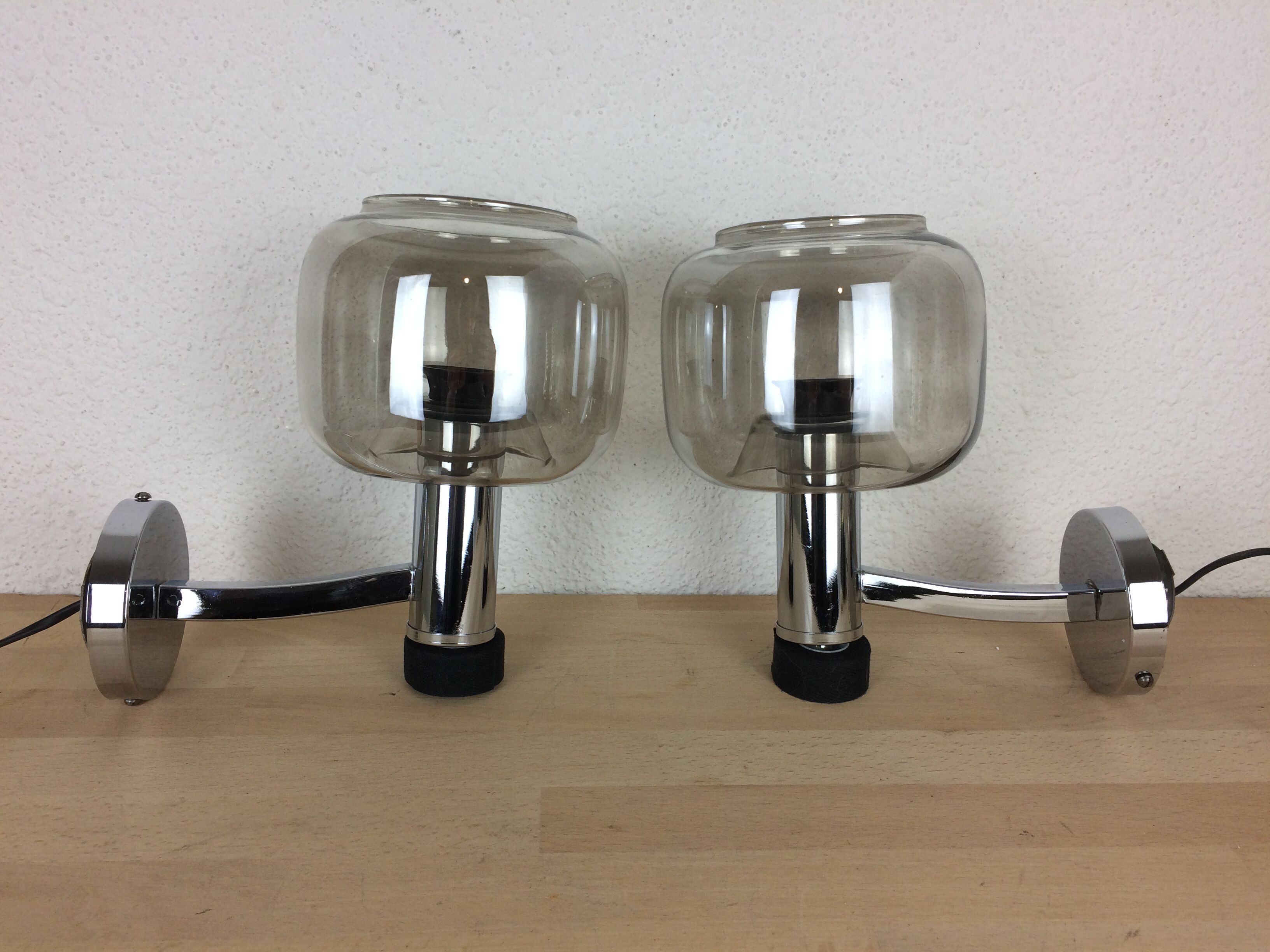 Pair of chrome sconces and smoked glass space age, 70s