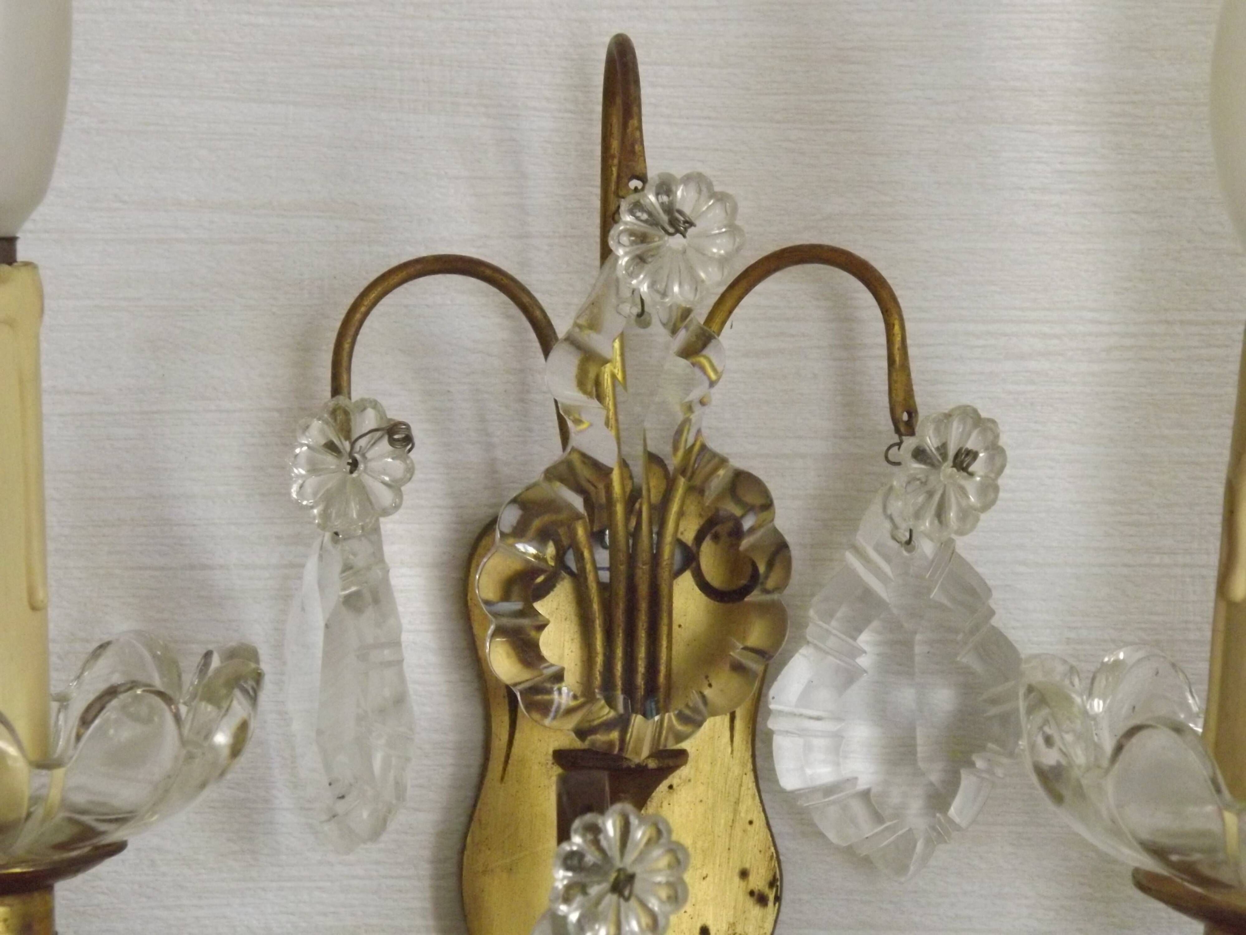 Pair of French Double Brass & Glass Wall Lights Adorned With Crystals