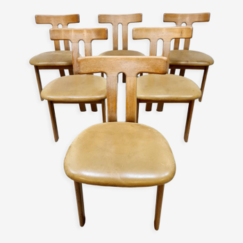 6 chaises de salle à manger en chêne design midcentury 'T-shape' eetkamerstoelen