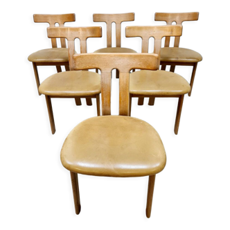 6 chaises de salle à manger en chêne design midcentury 'T-shape' eetkamerstoelen