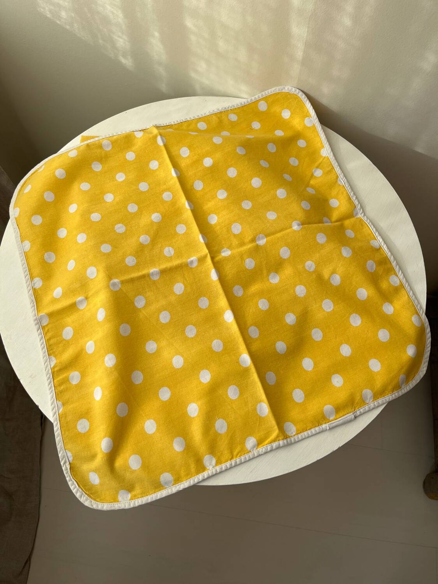 4 yellow napkins with white polka dots
