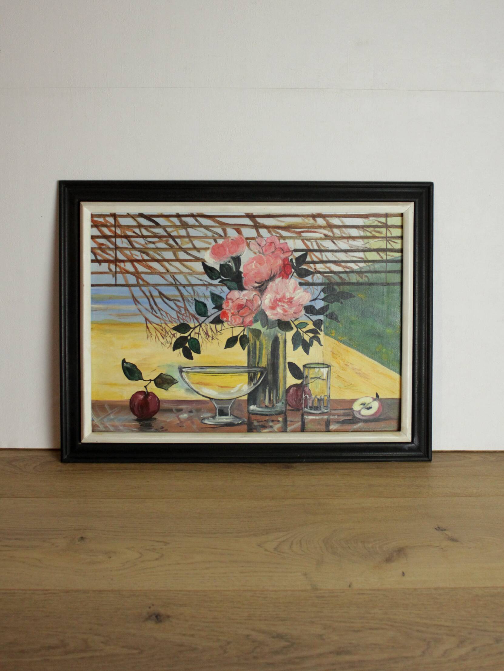 Black frame painting vase flower and fruit