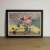 Black frame painting vase flower and fruit