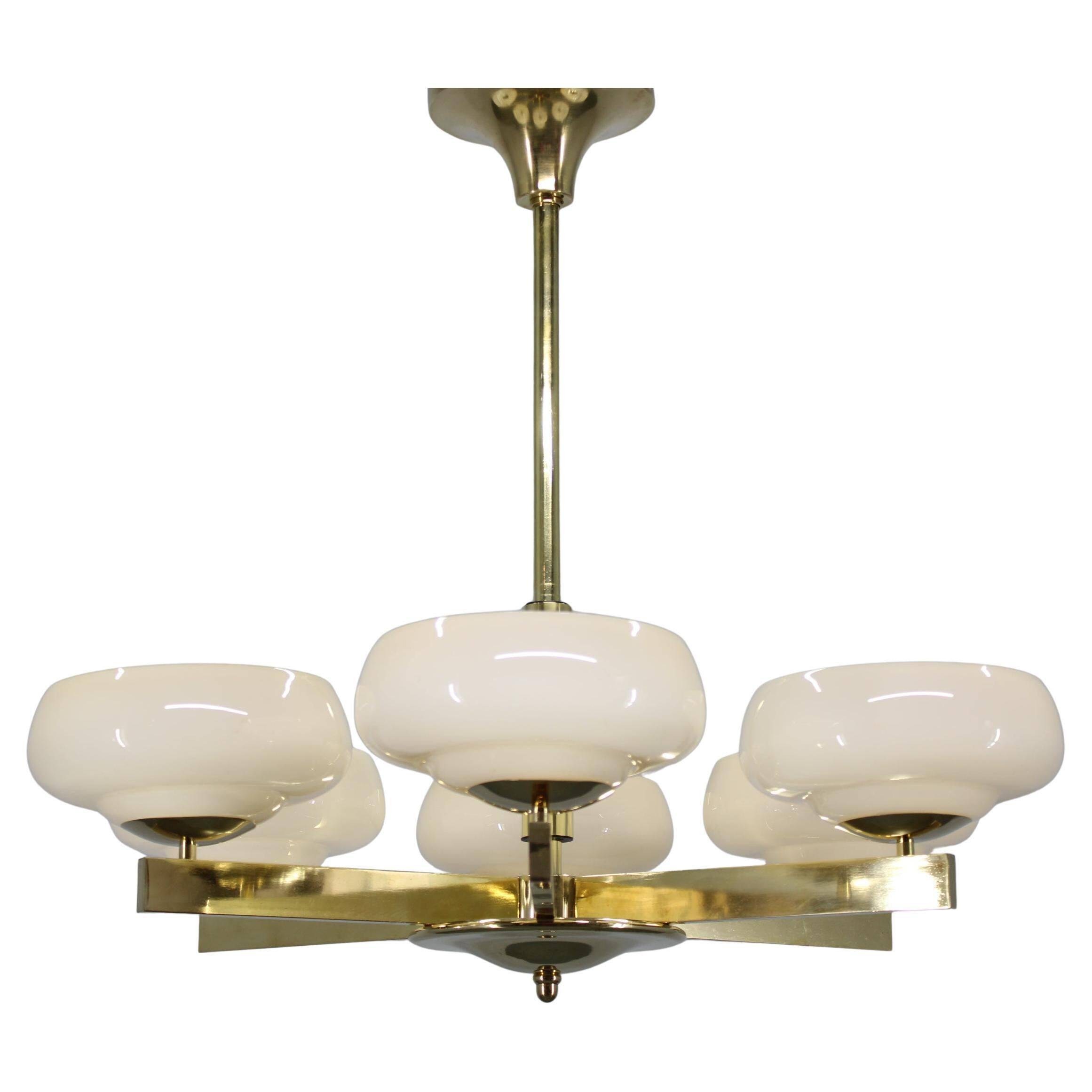 Art Deco brass chandelier with opaline glass, Czechoslovakia, 1930s