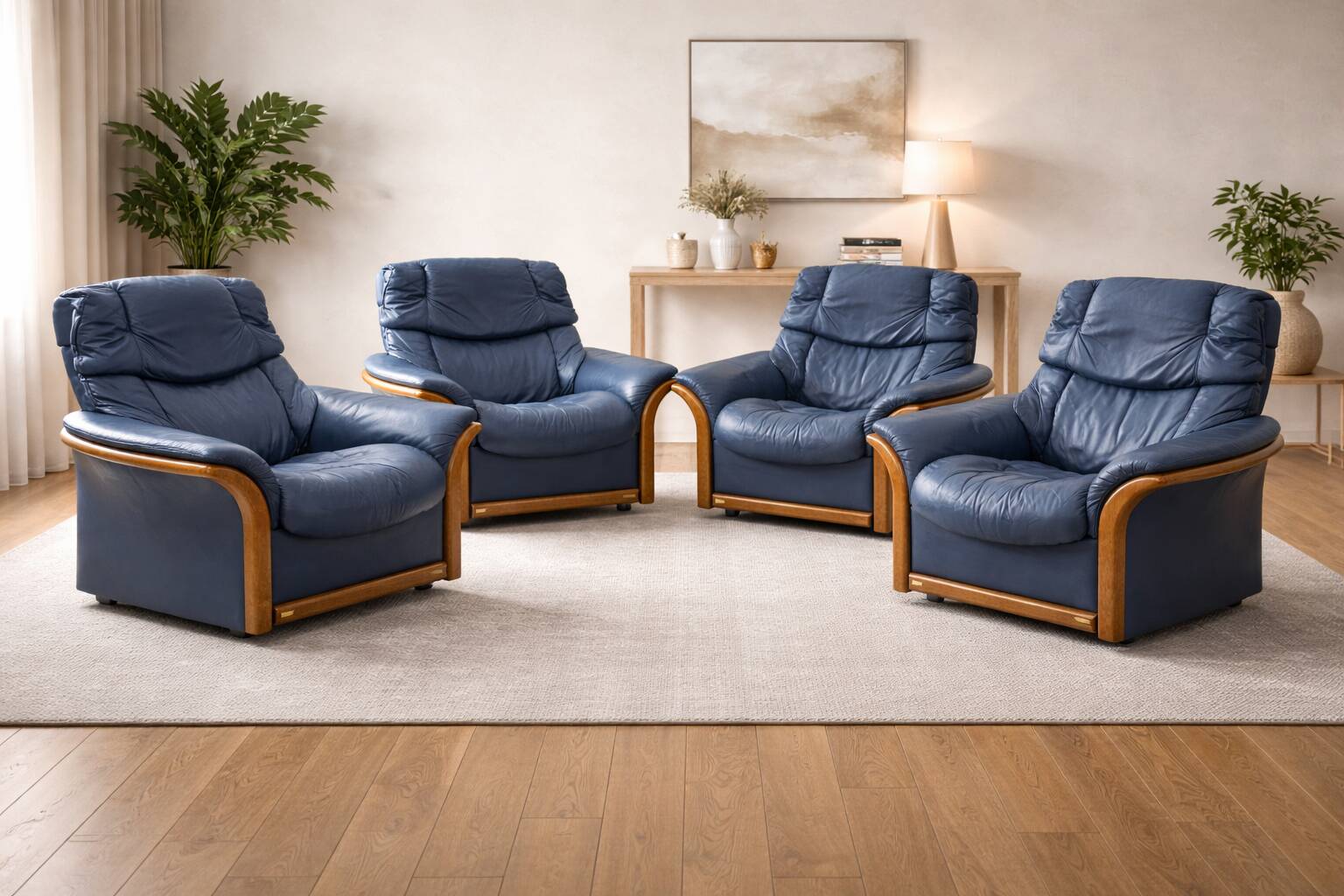 Ekornes Stressless —4 of Adjustable Swivel Armchairs — Blue Leather & Beech
