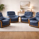 Ekornes Stressless —4 of Adjustable Swivel Armchairs — Blue Leather & Beech