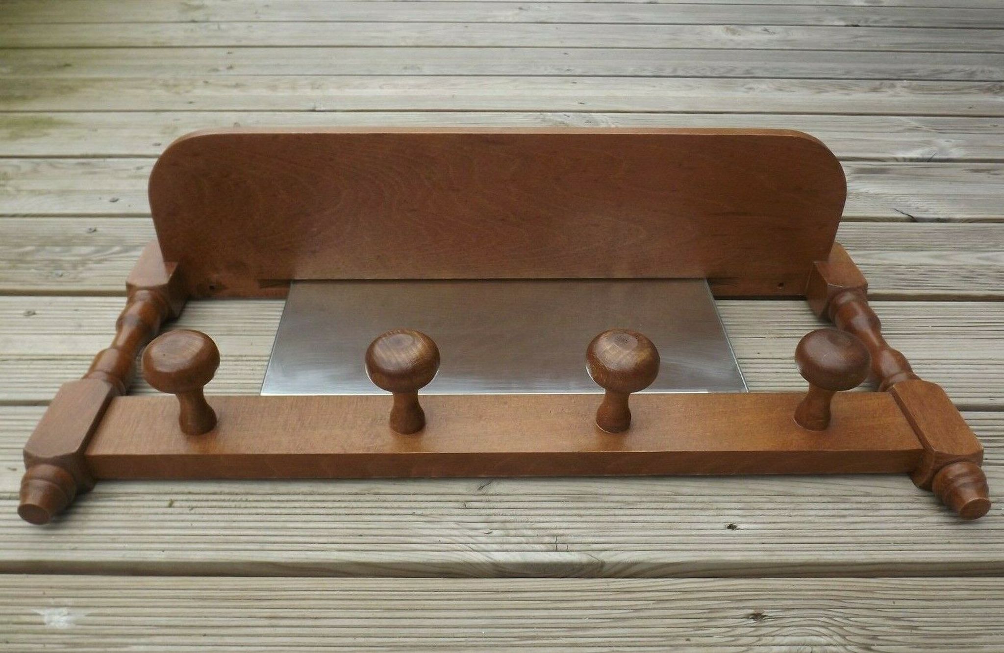 Vintage wooden wall coat rack with mirror and hooks, French, 3529