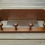 Vintage wooden wall coat rack with mirror and hooks, French, 3529