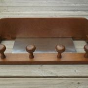 Vintage wooden wall coat rack with mirror and hooks, French, 3529