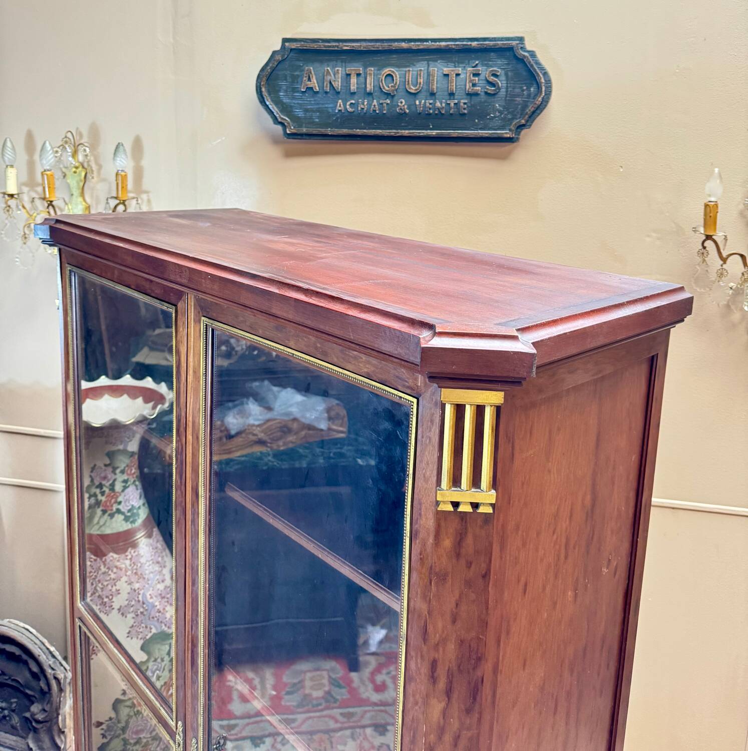 Library, mocheté mahogany display case in louis xvi style 19th century