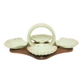 Vintage decorative plate in wood and ceramic with green shells, France, 1960s.