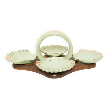Vintage decorative plate in wood and ceramic with green shells, France, 1960s.
