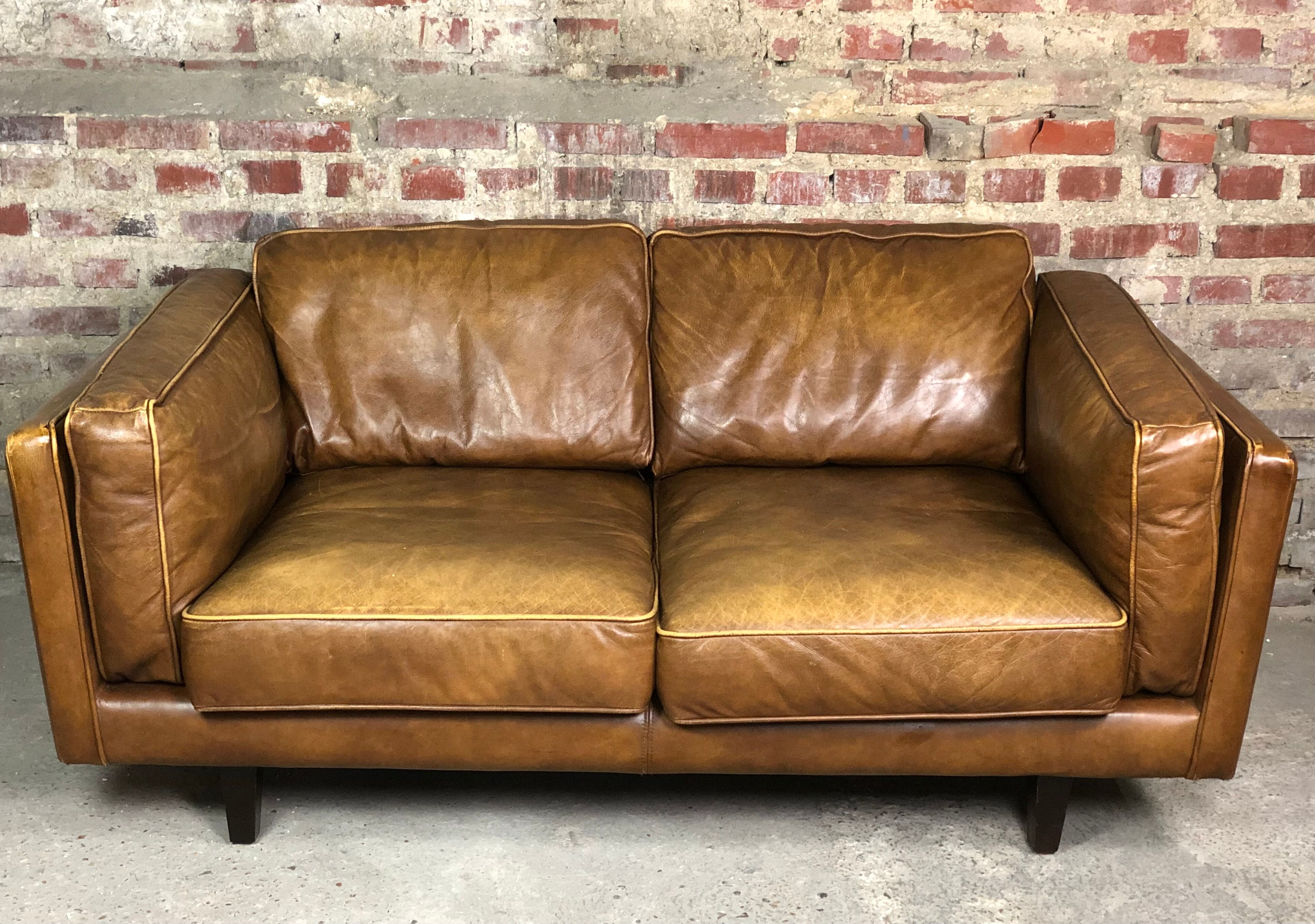 Vintage 2-seater sofa 80 S in camel leather