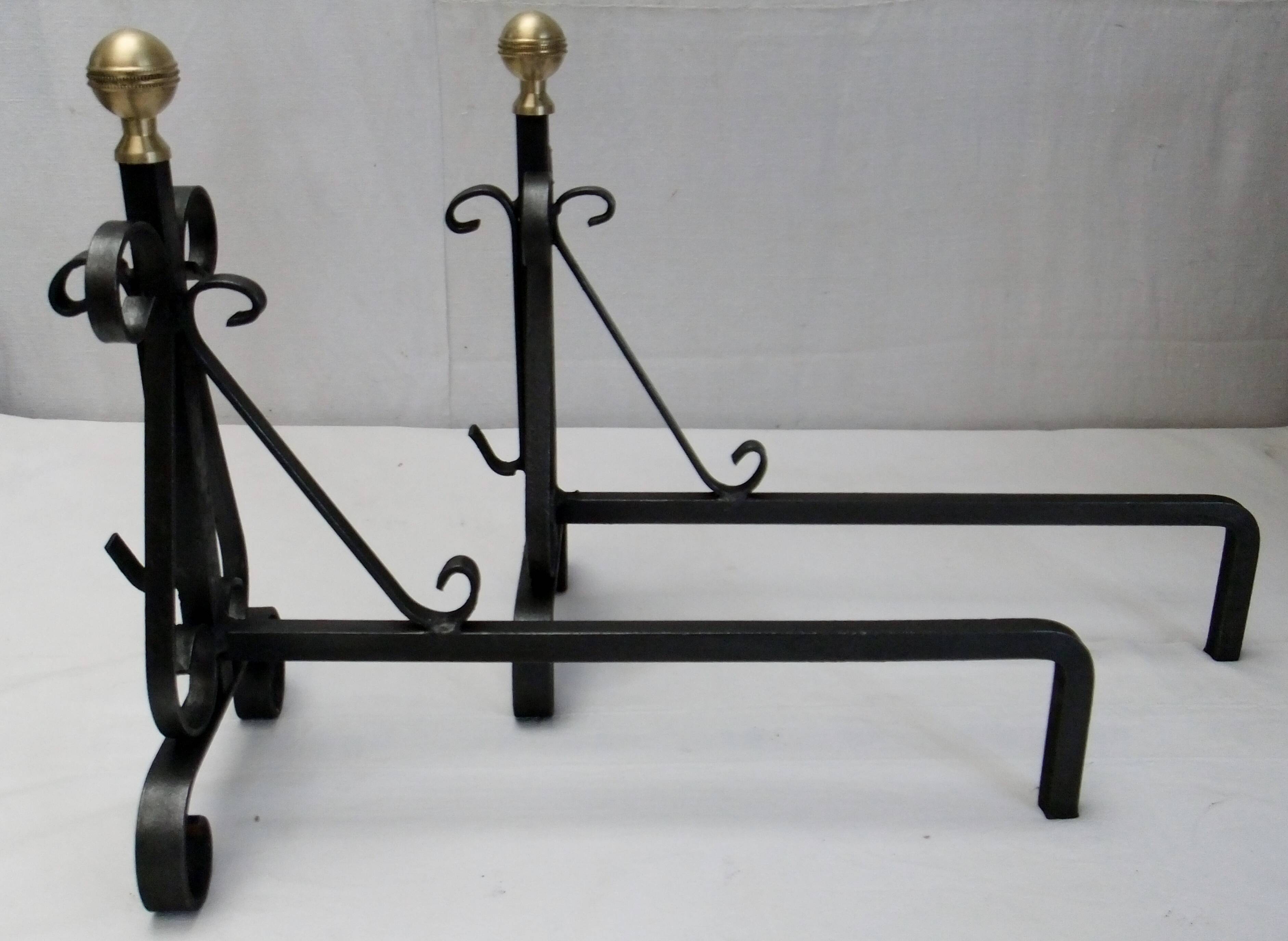 Antique pair of cast iron andirons wrought iron and bronze fireplace accessory