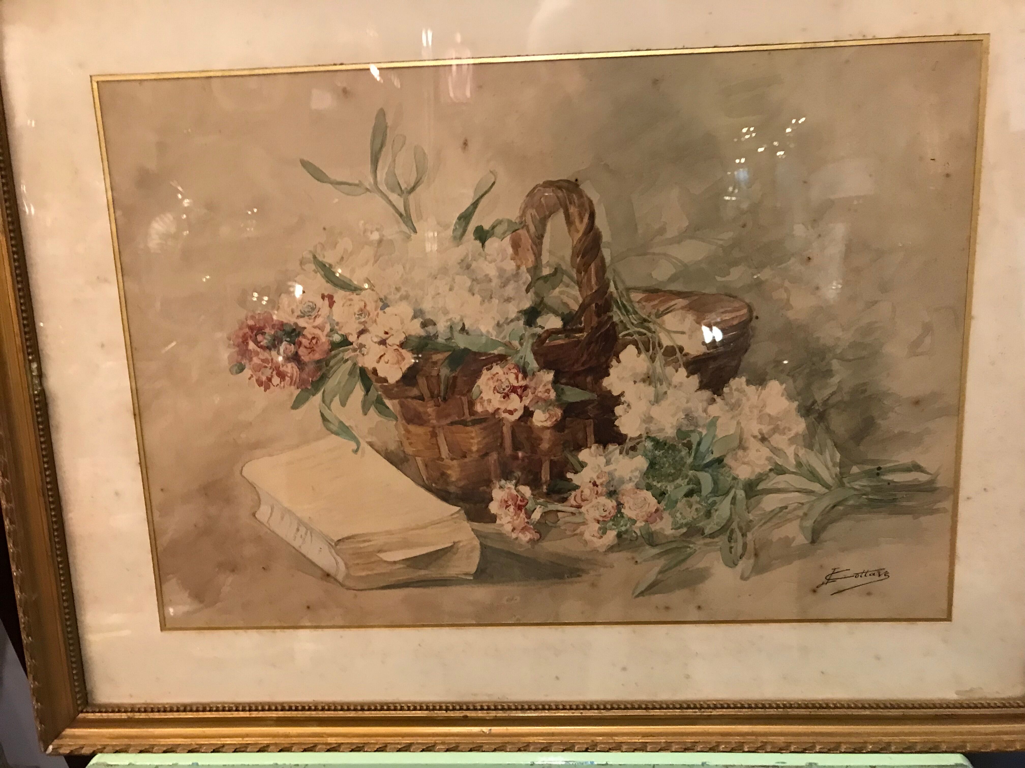 Basket of flowers watercolor painting - still life signed jeanne fabre cottave early twentieth