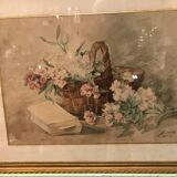 Basket of flowers watercolor painting - still life signed jeanne fabre cottave early twentieth
