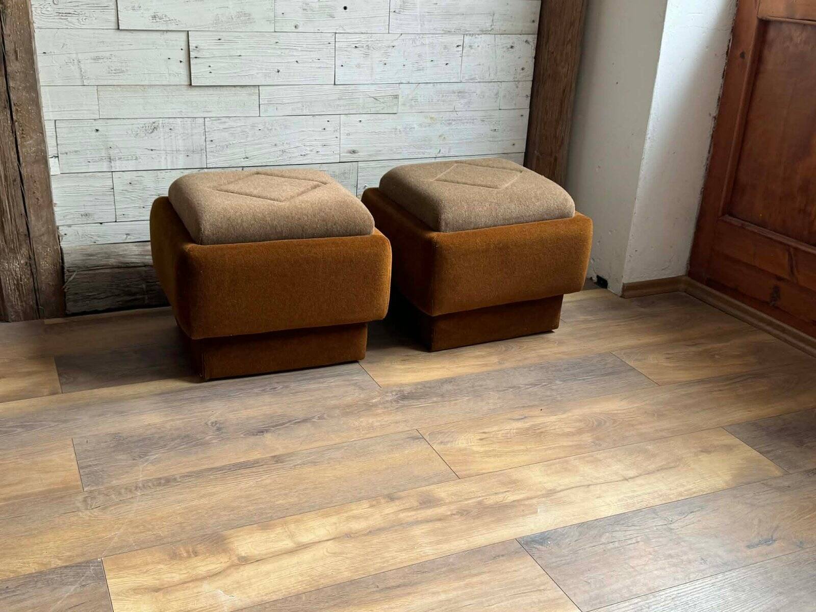 Ottomans Mid-Century Modern en marron et beige, années 1950, ensemble de 2