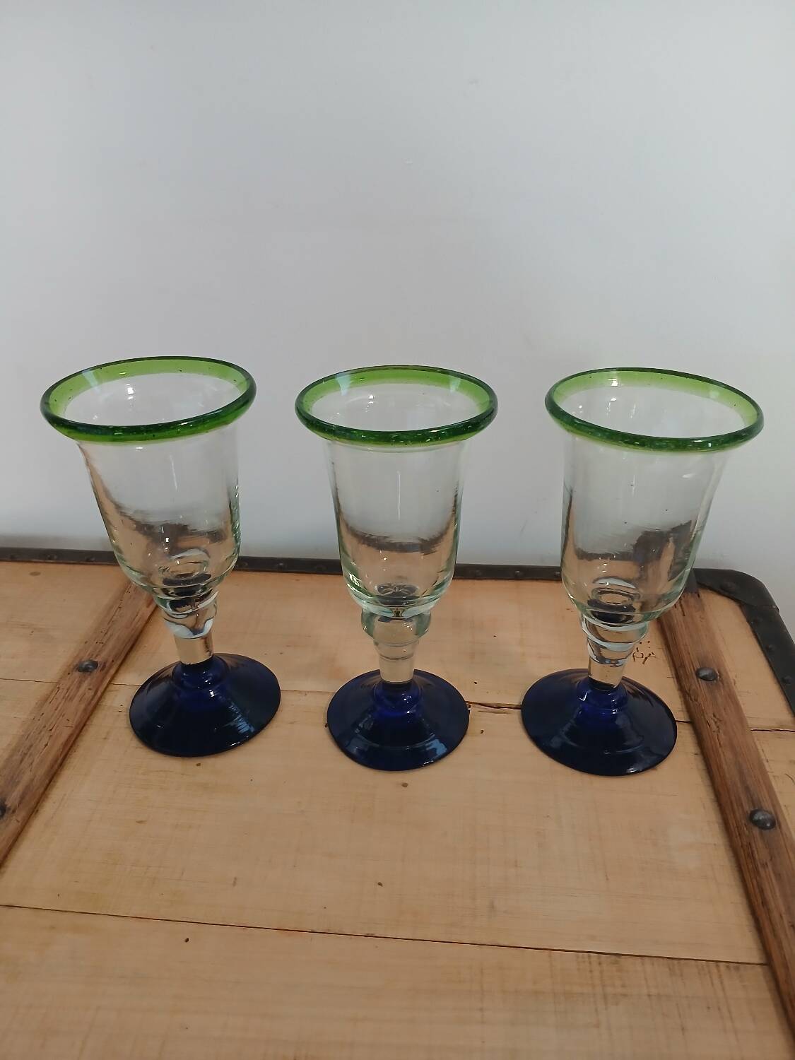 3 stemmed glasses in bubble and blown glass
