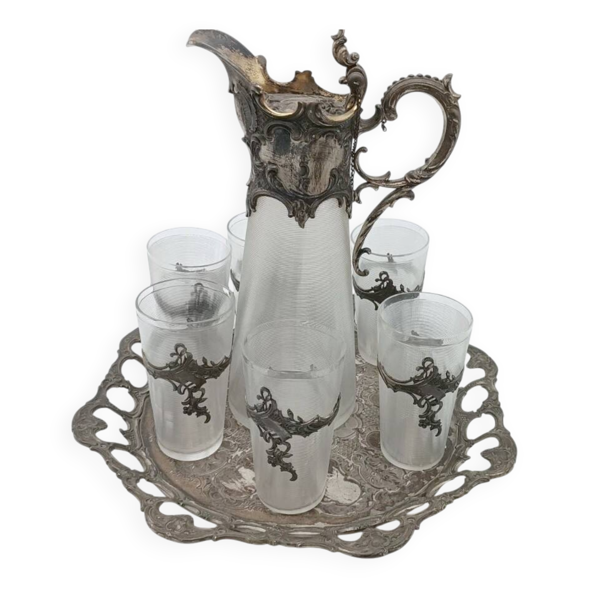 Tray with carafe and 6 glasses, glass and silver-plated metal, Art Nouveau period