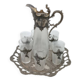 Tray with carafe and 6 glasses, glass and silver-plated metal, Art Nouveau period