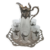 Tray with carafe and 6 glasses, glass and silver-plated metal, Art Nouveau period