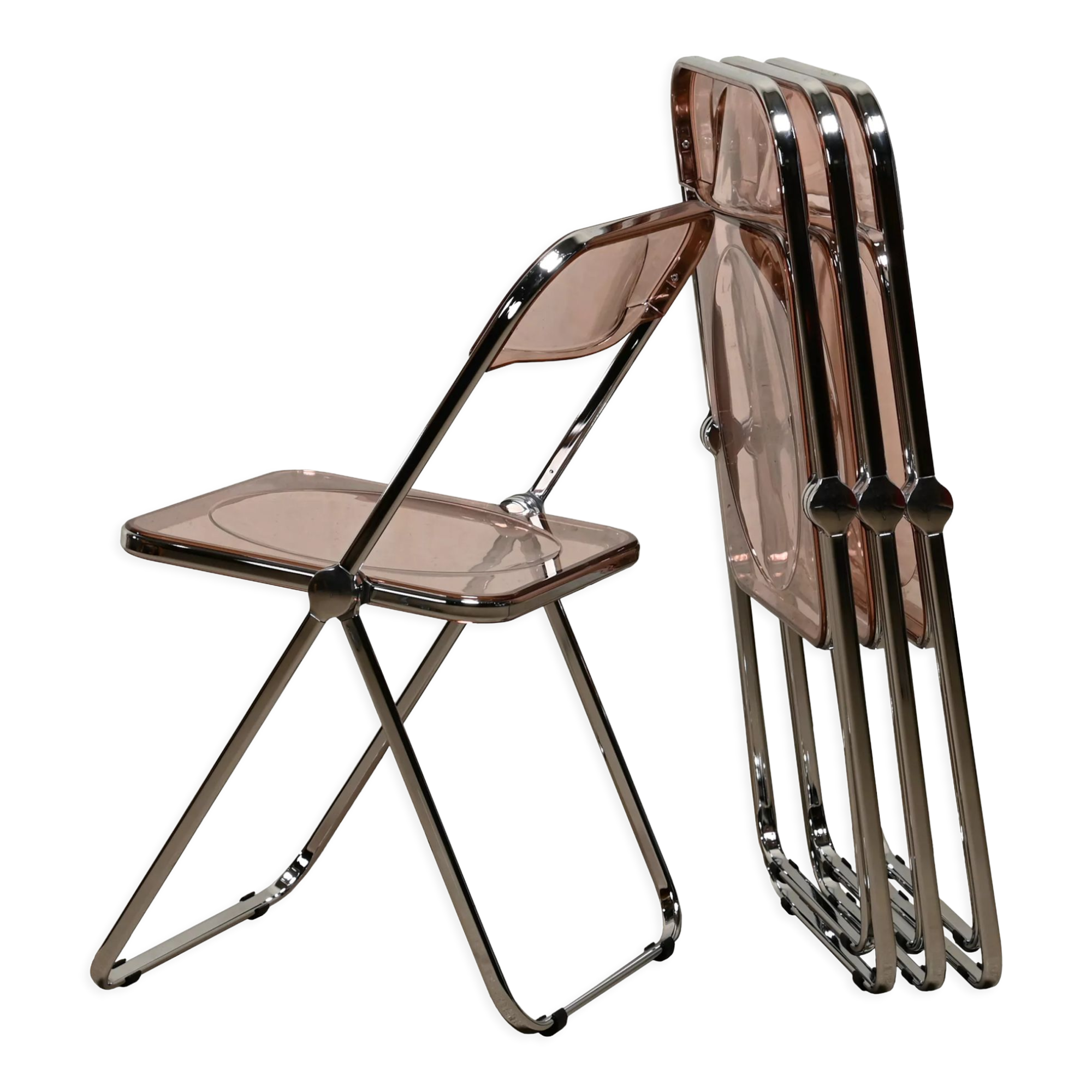 Giancarlo Piretti Plia Set Folding Chairs in Lucite Pink and