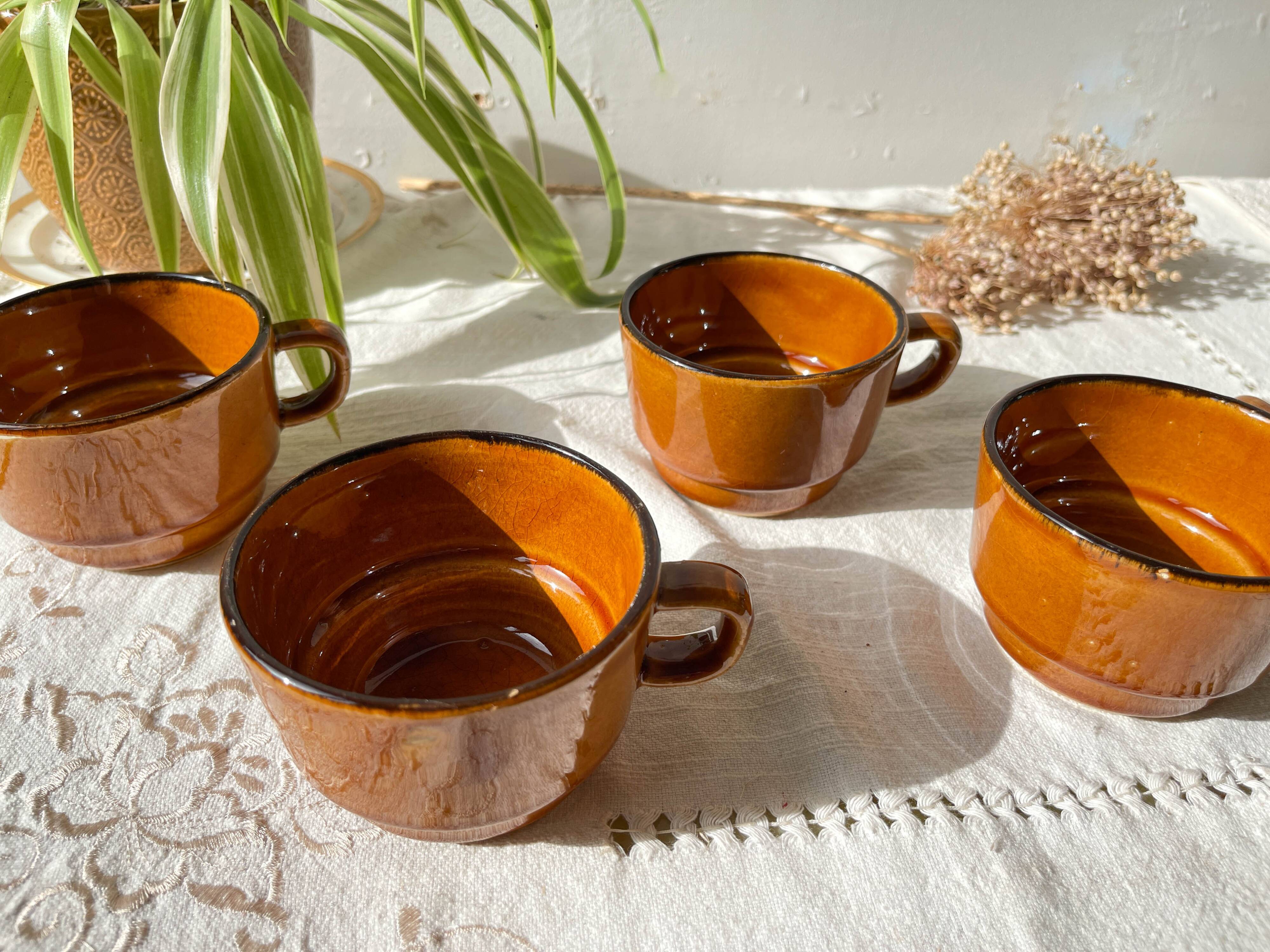 4 vintage dark caramel earthenware coffee/tea cups