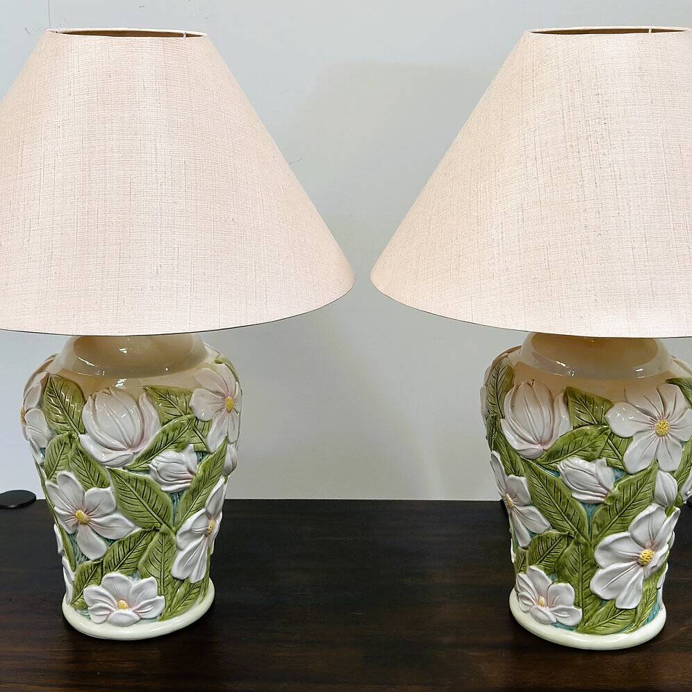Pair of large vintage ceramic table lamps with 3D floral design, 1970s