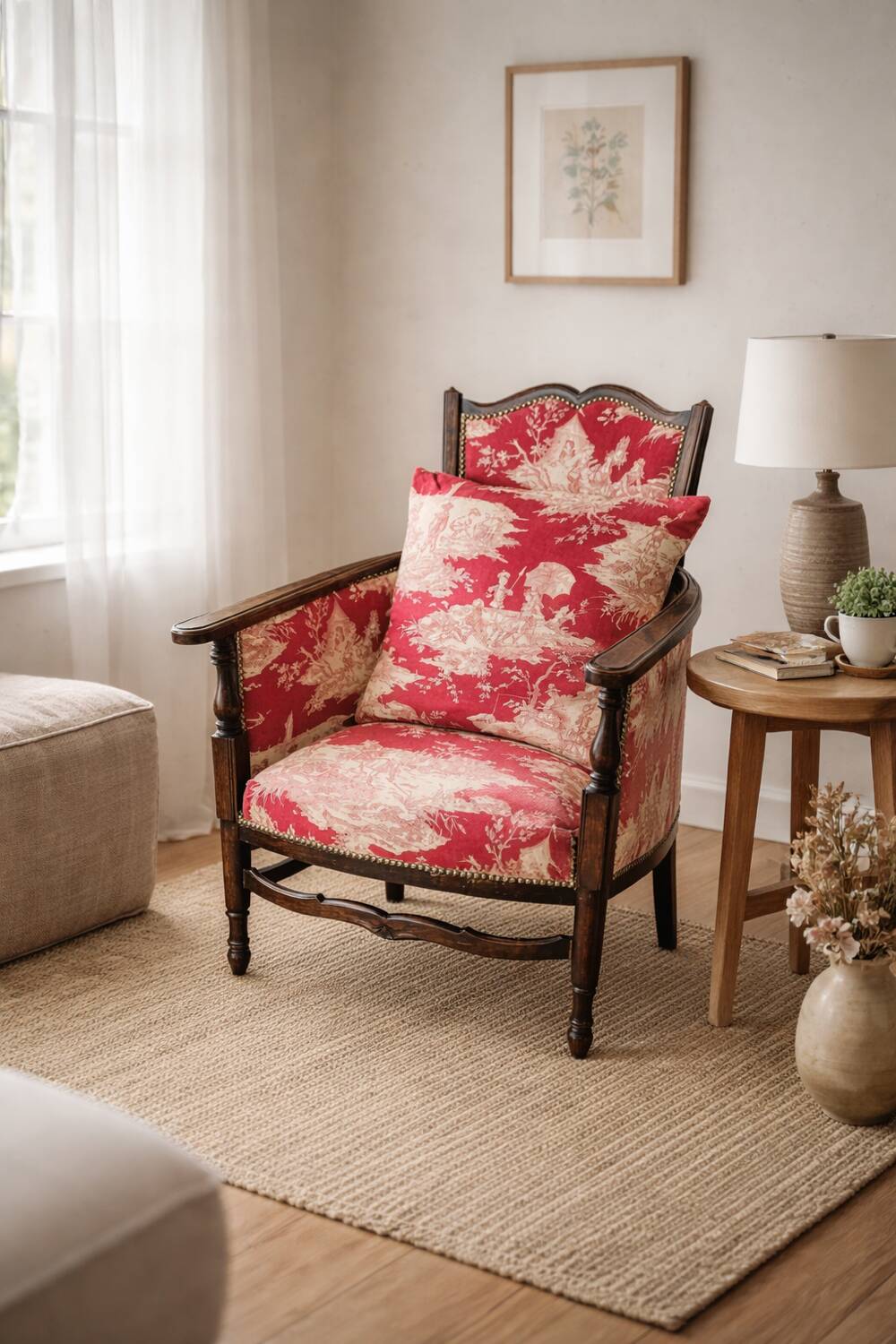 Antique armchair from around 1900, solid wood – red toile de Jouy.