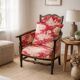 Antique armchair from around 1900, solid wood – red toile de Jouy.