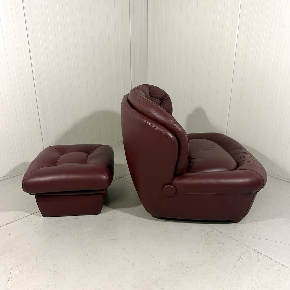 French burgundy leather space age lounge chair & footstool 1970’s