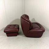 French burgundy leather space age lounge chair & footstool 1970’s