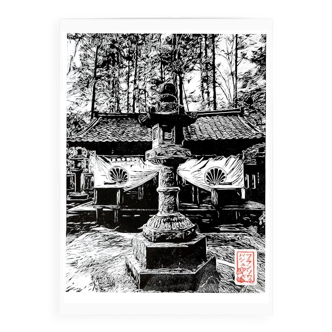Handmade linocut of the Okunoin Mao-den temple of Mount Kurama, certified and in limited edition