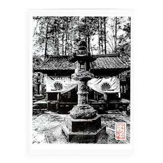 Handmade linocut from Okunoin Mao-den Temple on Mount Kurama, certified and limited edition