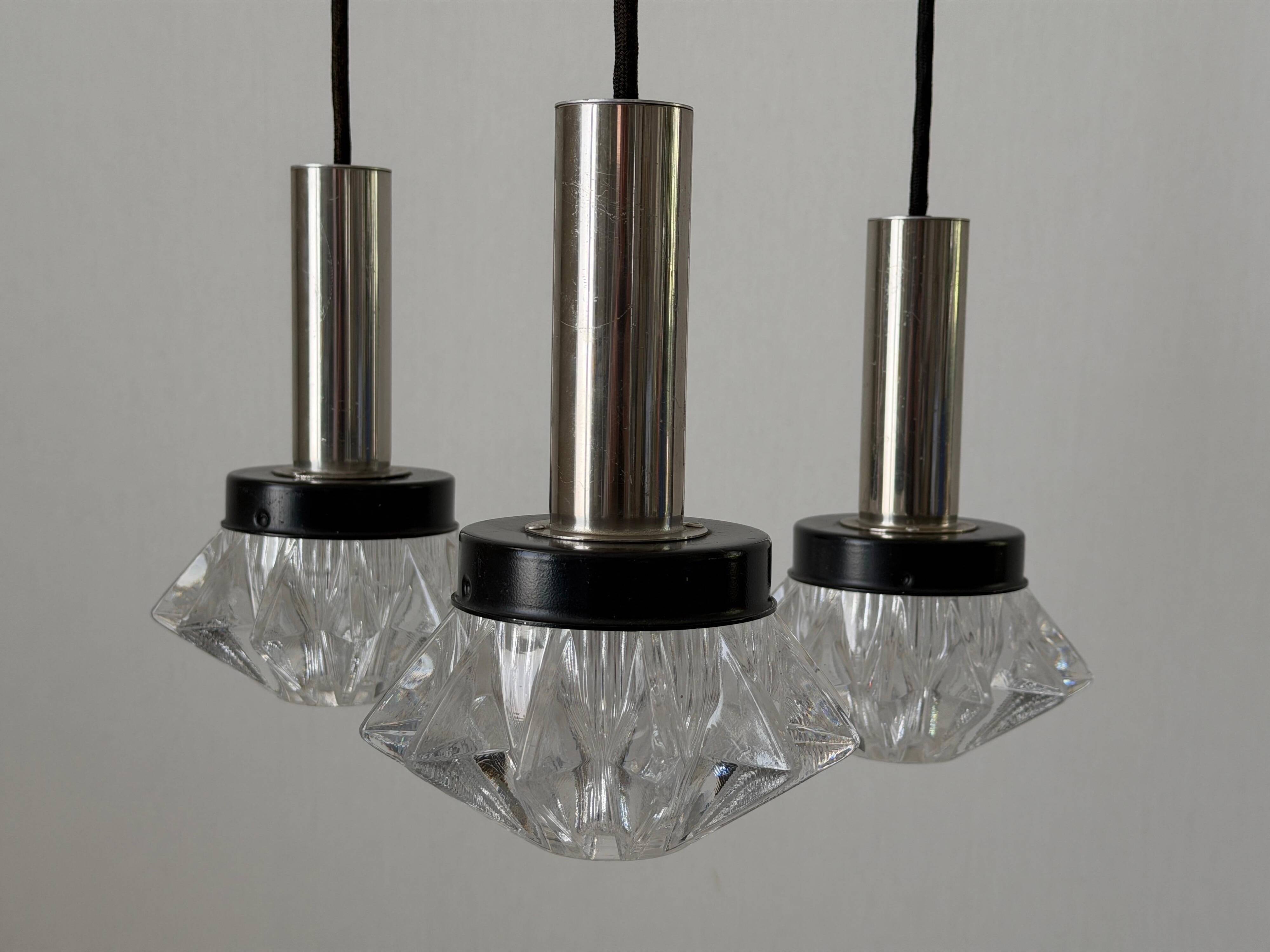 Suspended cascade lamp with 3 glass crystal and metal shades, 1960s, Germany